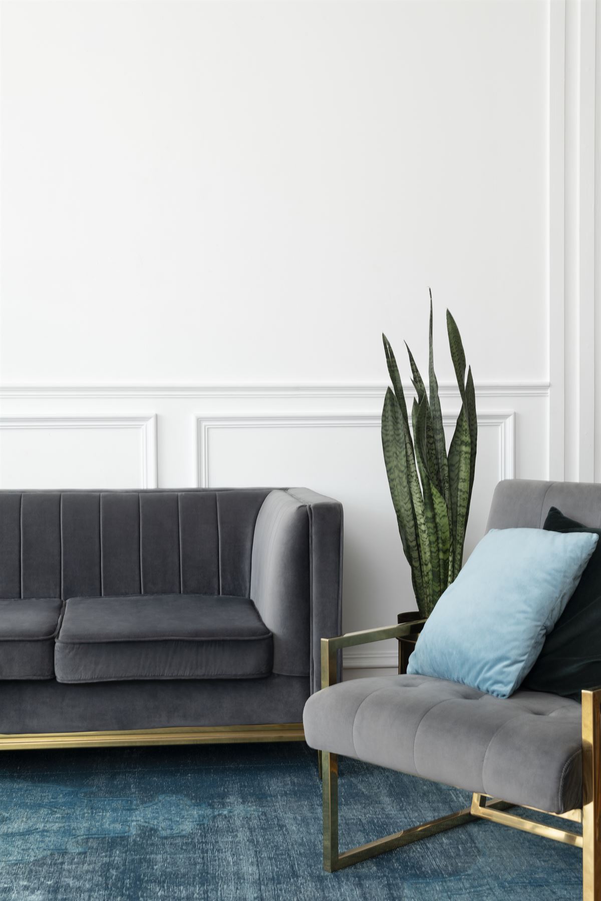 Chic mid-century modern living room with gray velvet couch